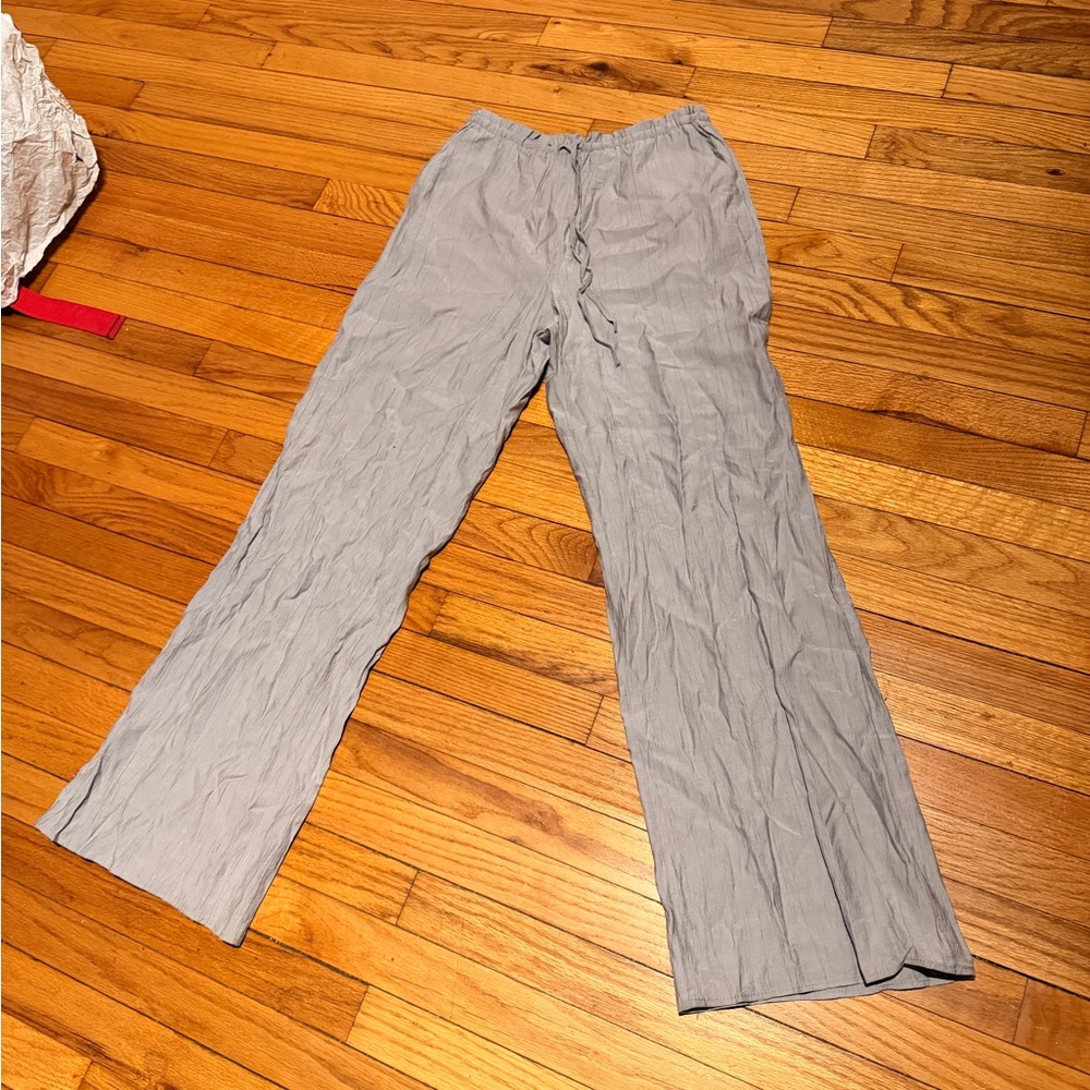 NWOT Zara Drawstring tie gray crinkled-finish wide-leg trousers pullover tired S